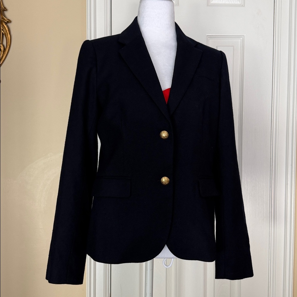 J. Crew Wool Two Button Navy Blazer military coat of arms gold tone buttons/cuff